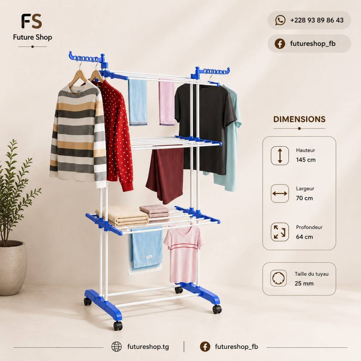 SÈCHE-LINGE PLIABLE MULTI-NIVEAUX AVEC ROULETTES