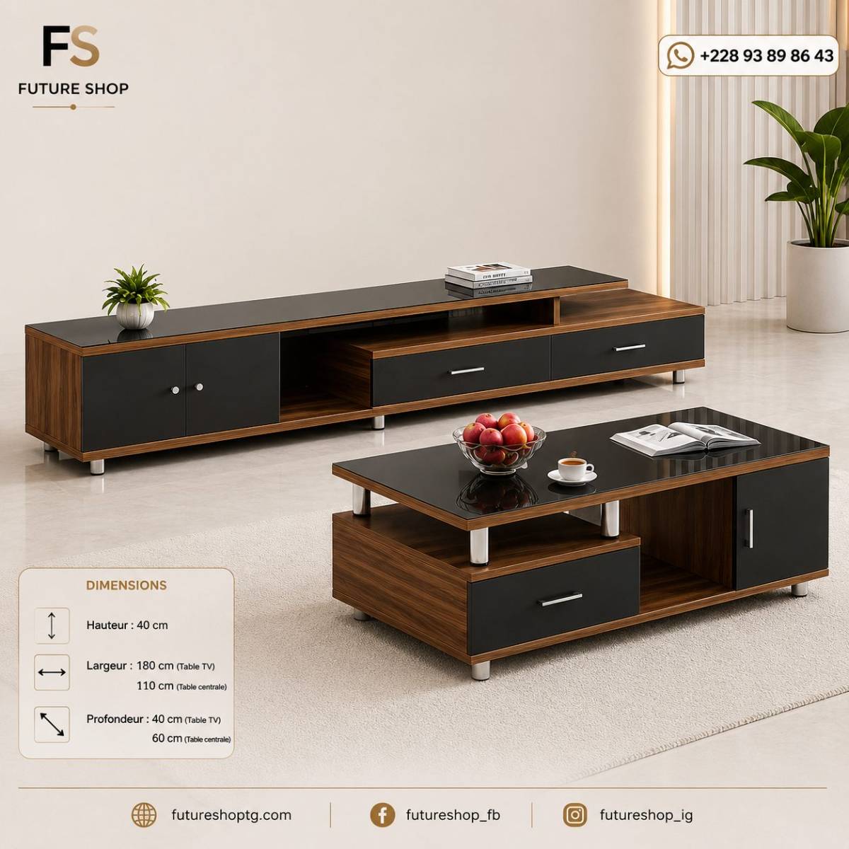Ensemble Vitré Premium – Table TV et Table Centrale avec Rangements Intégrés