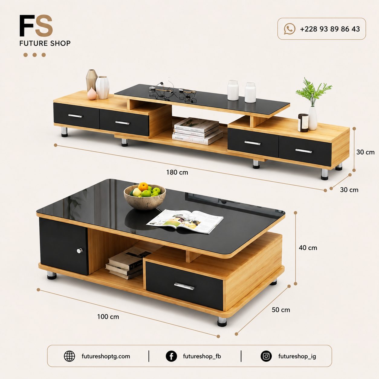 Ensemble Table TV Vitrée et Table Basse Moderne avec Rangements