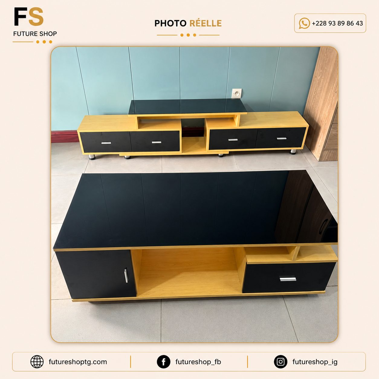 Ensemble Table TV Vitrée et Table Basse Moderne avec Rangements