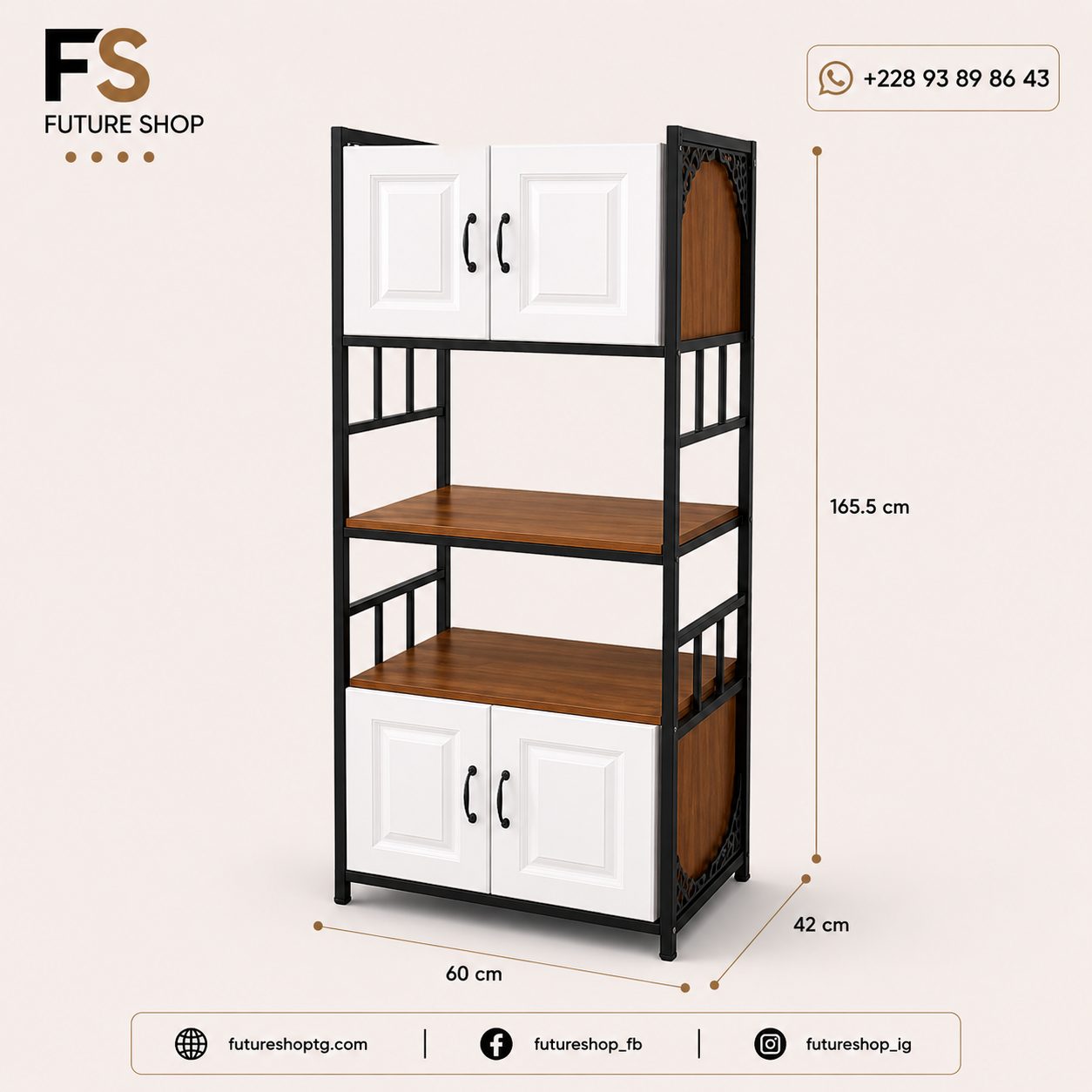 Armoire Multifonction avec Étagères Ouvertes et 4 Portes – Structure Métal & Bois