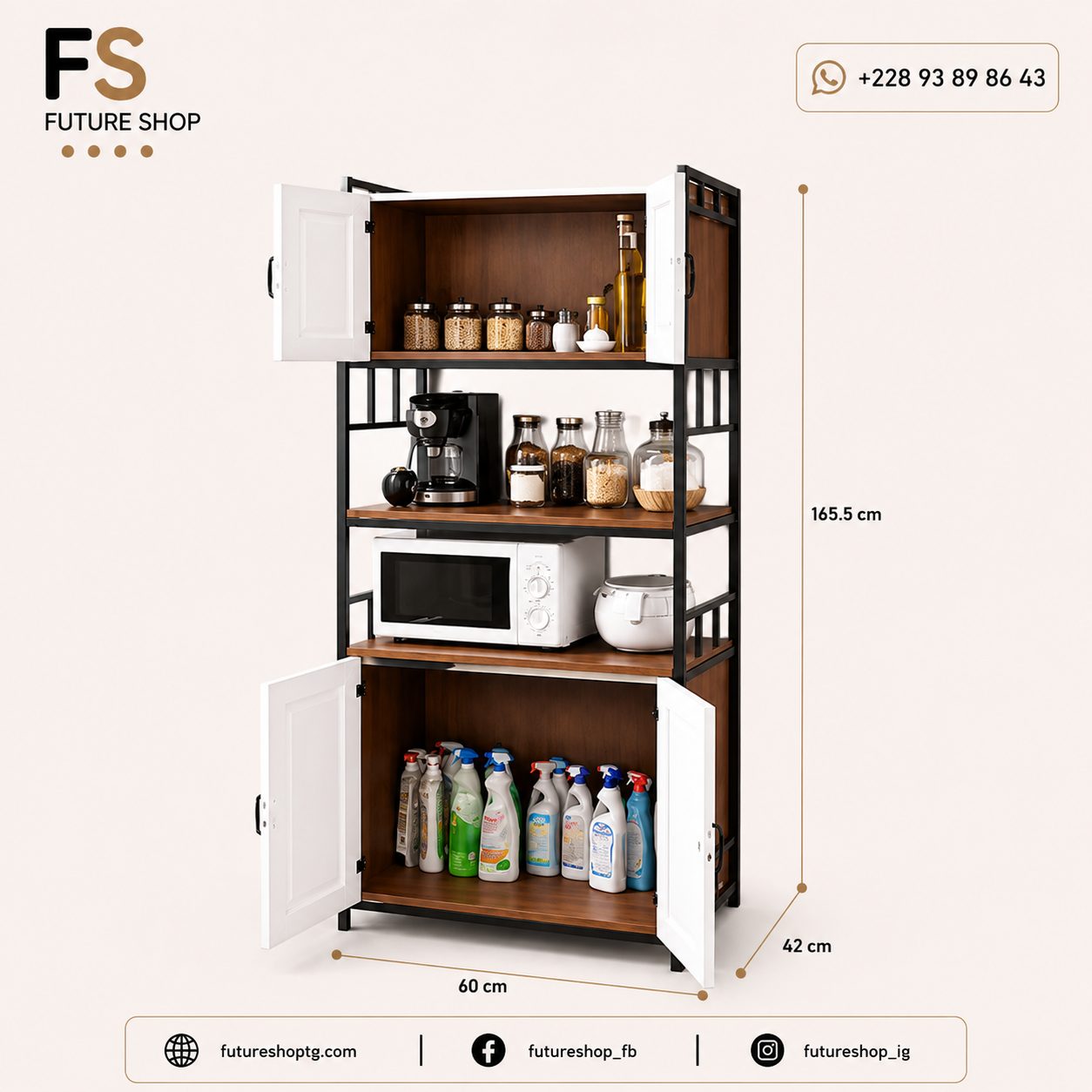 Armoire Multifonction avec Étagères Ouvertes et 4 Portes – Structure Métal & Bois
