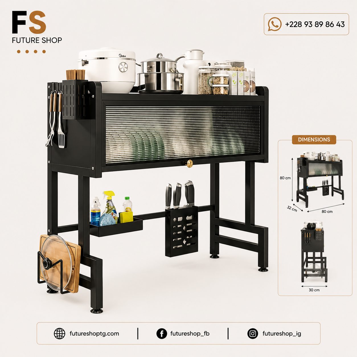 Meuble de rangement de cuisine avec porte coulissante et support multifonction