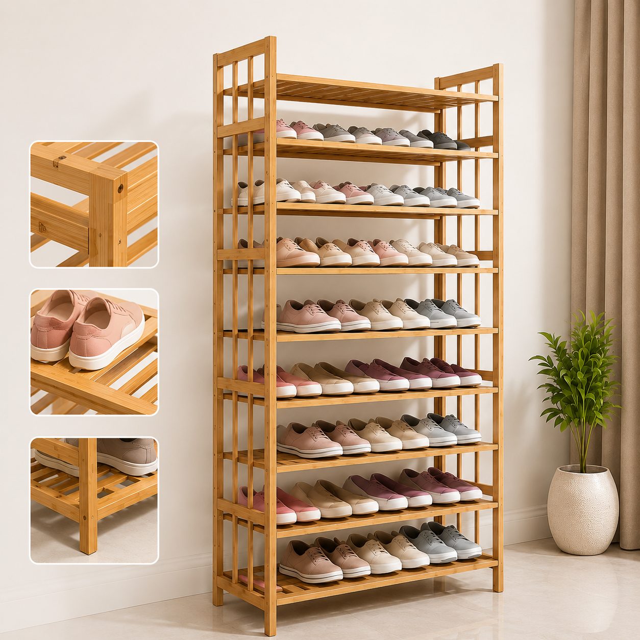 Porte-chaussures en bambou 10 niveaux – Grande capacité de rangement