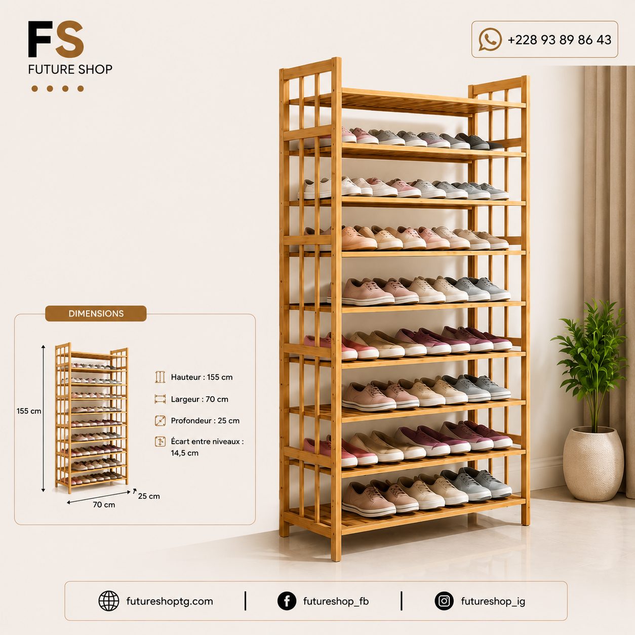 Porte-chaussures en bambou 10 niveaux – Grande capacité de rangement