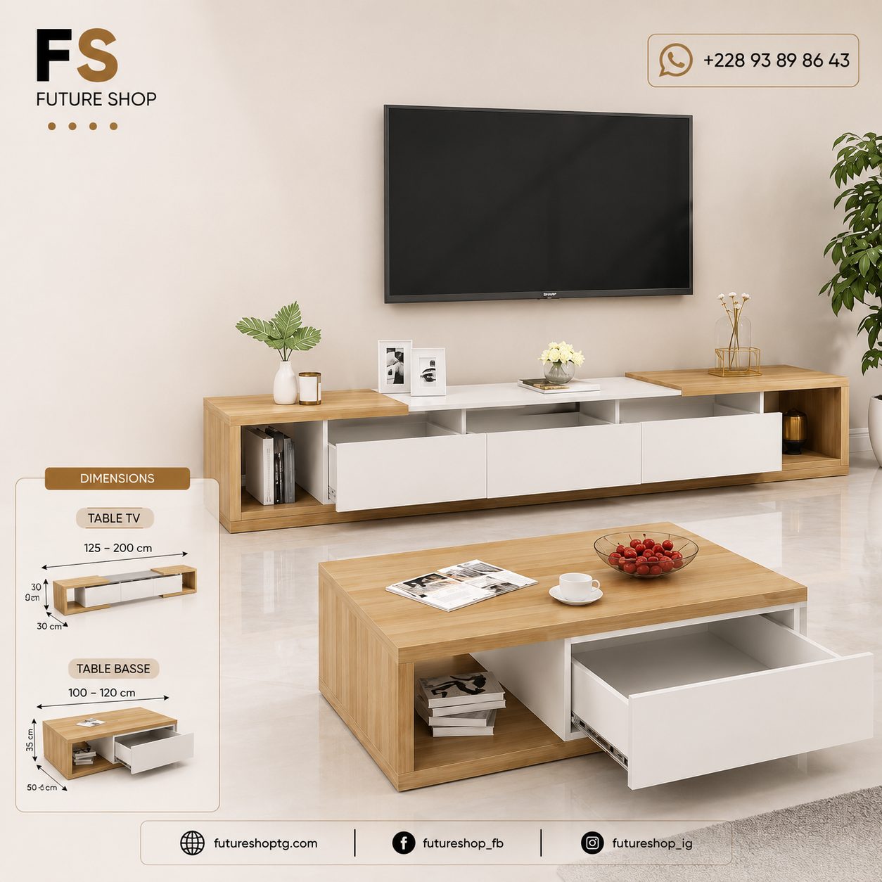 Ensemble Table TV & Table Basse Moderne avec Rangements – Finition Chêne Naturel & Blanc