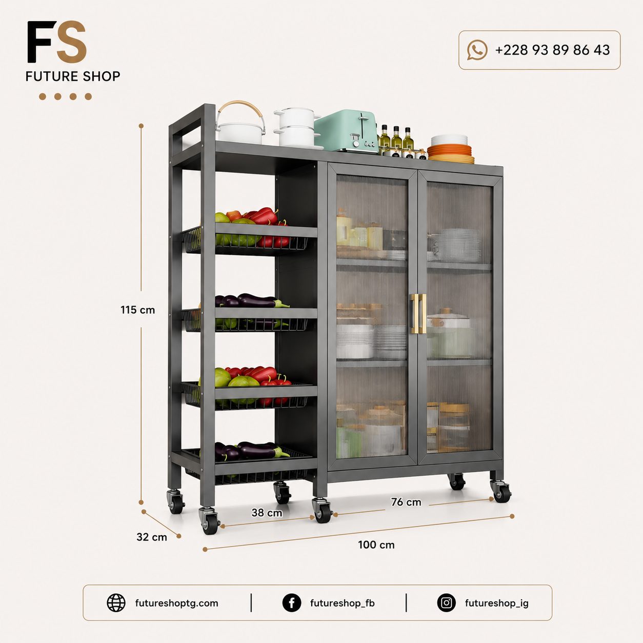 Étagère de Cuisine 4 Niveaux avec Armoire de Rangement – 100 × 32 × 115 cm