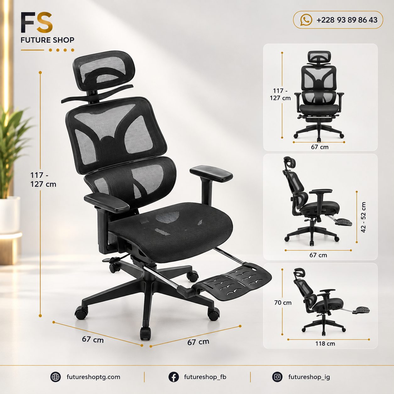Chaise de bureau ergonomique en maille avec appui-tête et repose-pieds