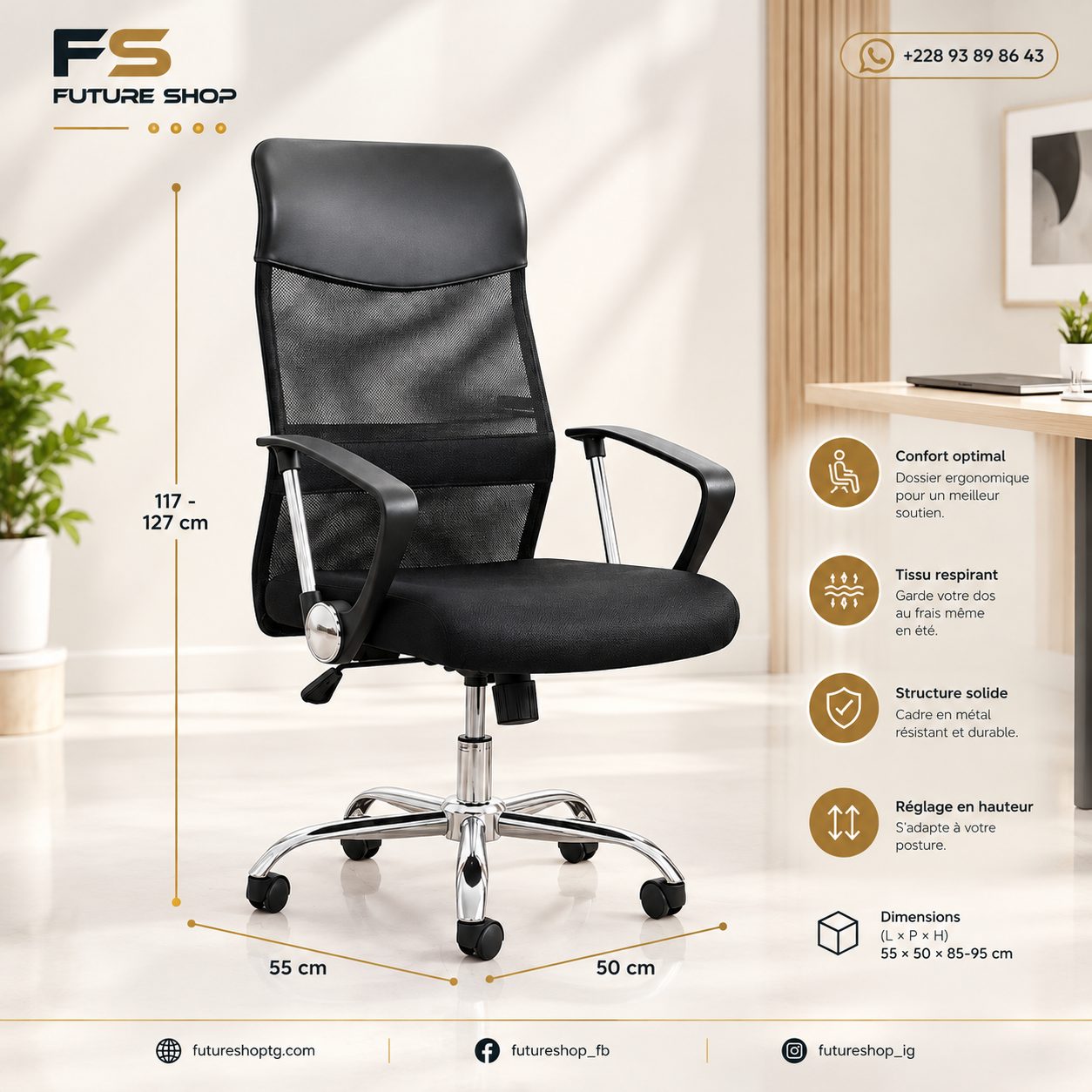 Fauteuil de bureau ergonomique noir en maille avec réglage en hauteur