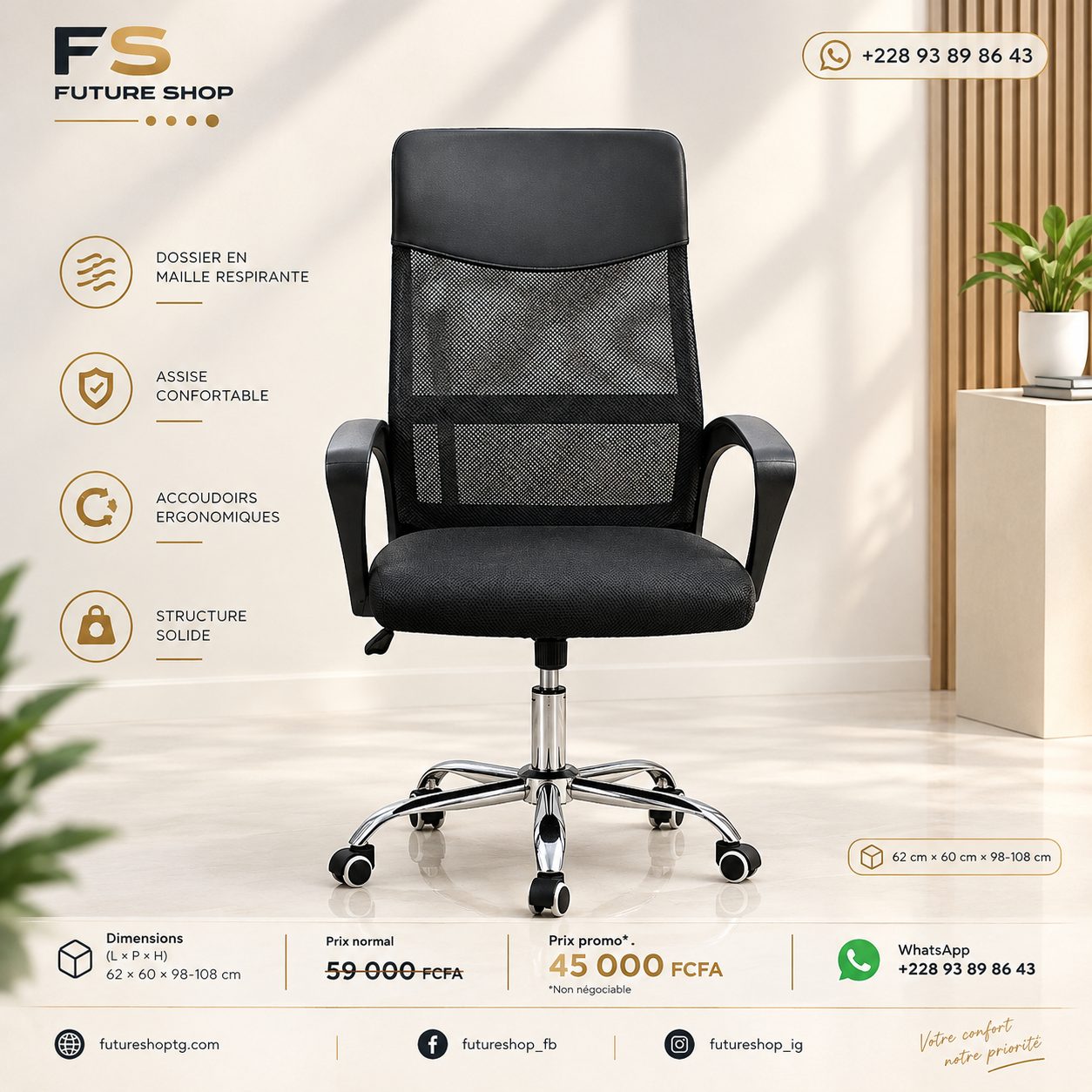 Fauteuil de bureau ergonomique noir en maille avec réglage en hauteur