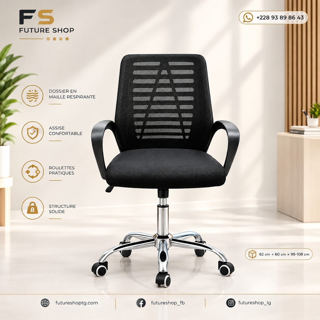 Fauteuil de bureau ergonomique noir en maille avec accoudoirs et roulettes