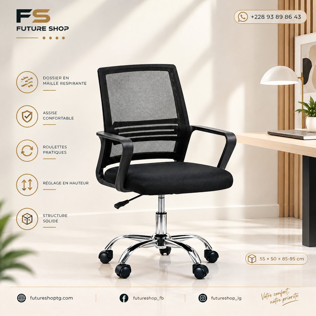 Chaise de bureau ergonomique noir en maille avec accoudoirs et roulettes