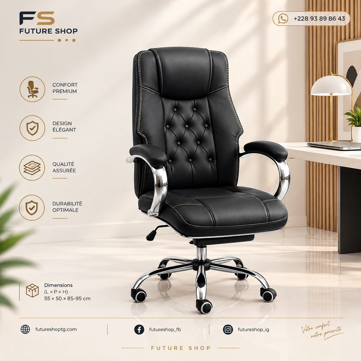Fauteuil de direction noir capitonné – Revêtement en cuir synthétique